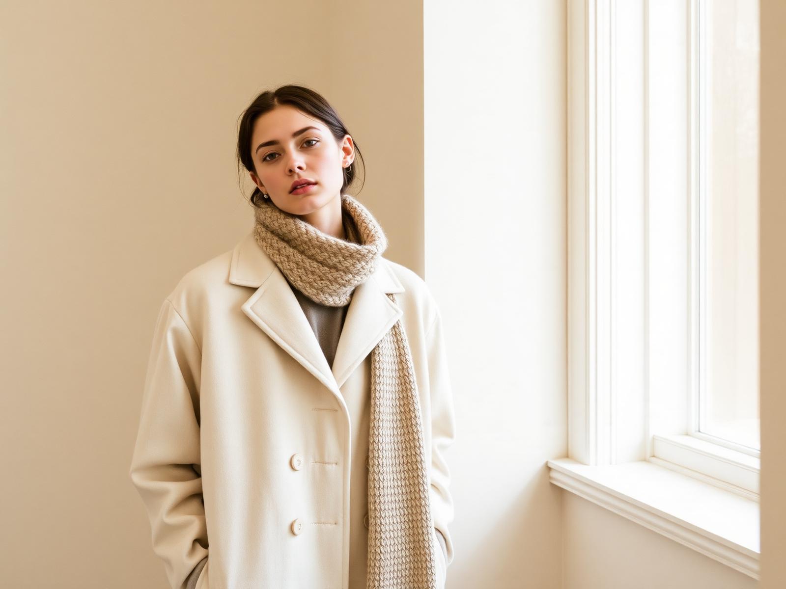 Model wearing a handmade cream coat and knit scarf